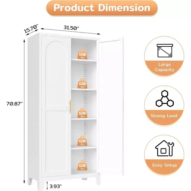 70.87'' Tall Metal Pantry Cabinet with 2 Doors, with 4 Adjustable Shelves, Steel Cupboard for Kitchen, Pantry, Dining Room, Living Room, White