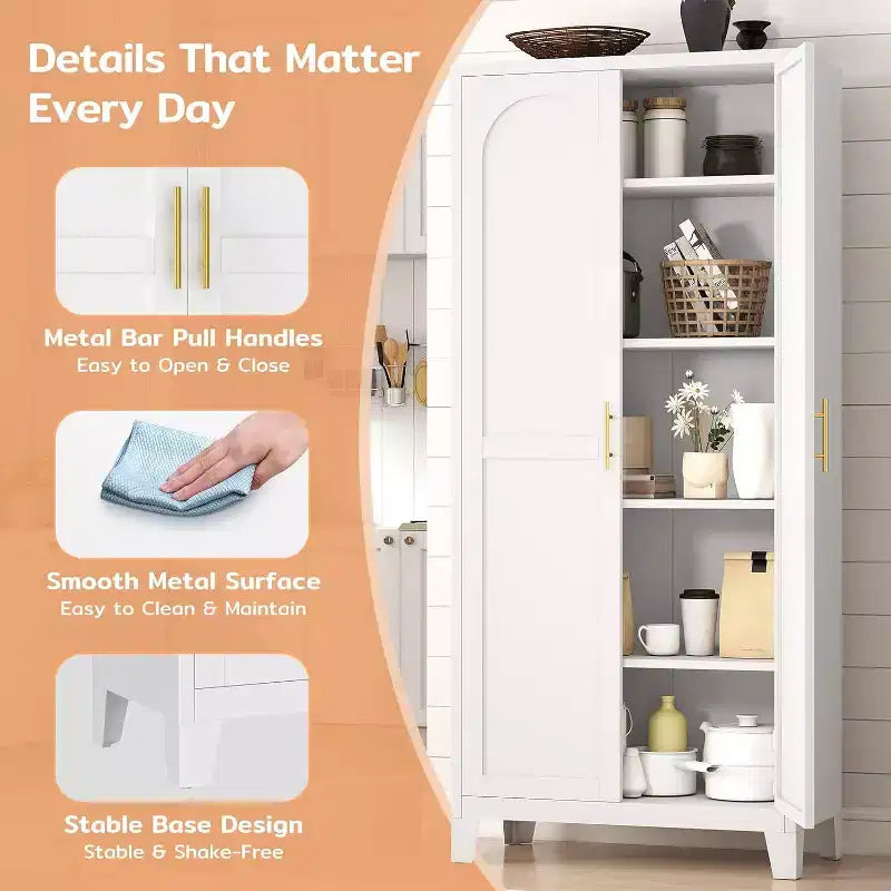 70.87'' Tall Metal Pantry Cabinet with 2 Doors, with 4 Adjustable Shelves, Steel Cupboard for Kitchen, Pantry, Dining Room, Living Room, White