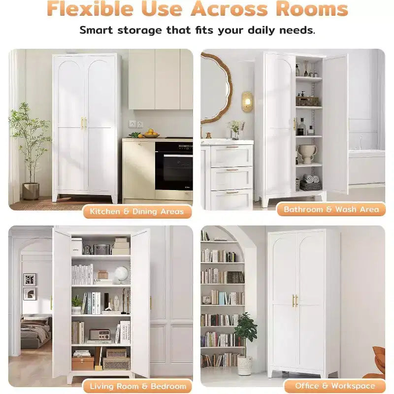 70.87'' Tall Metal Pantry Cabinet with 2 Doors, with 4 Adjustable Shelves, Steel Cupboard for Kitchen, Pantry, Dining Room, Living Room, White
