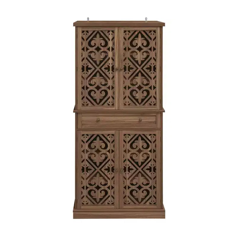 Tall Cabinet with 4 Rattan/Carved Doors, Storage Cabinet with 1 Drawer and 4 Adjustable Inner Shelves, Accent Cabinet for Living Room, Bedroom