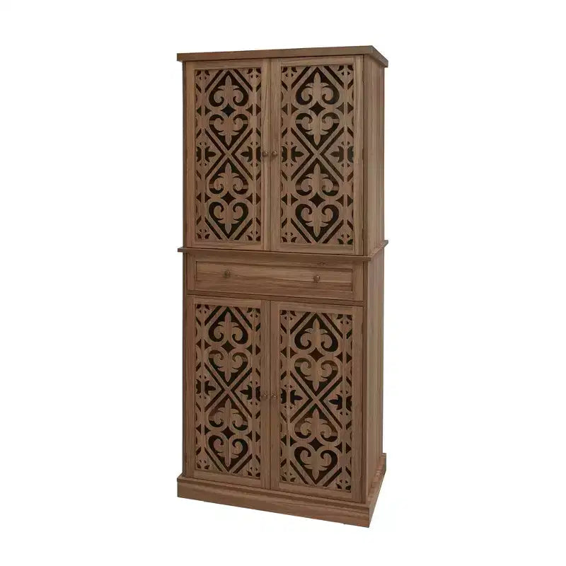 Tall Cabinet with 4 Rattan/Carved Doors, Storage Cabinet with 1 Drawer and 4 Adjustable Inner Shelves, Accent Cabinet for Living Room, Bedroom