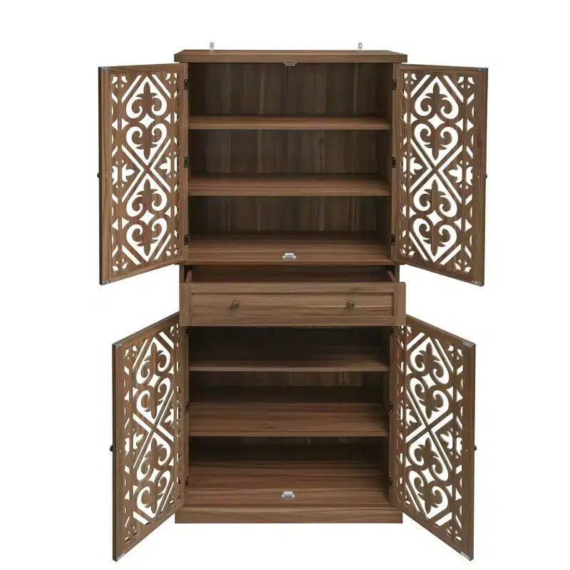 Tall Cabinet with 4 Rattan/Carved Doors, Storage Cabinet with 1 Drawer and 4 Adjustable Inner Shelves, Accent Cabinet for Living Room, Bedroom