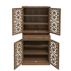 Tall Cabinet with 4 Rattan/Carved Doors, Storage Cabinet with 1 Drawer and 4 Adjustable Inner Shelves, Accent Cabinet for Living Room, Bedroom