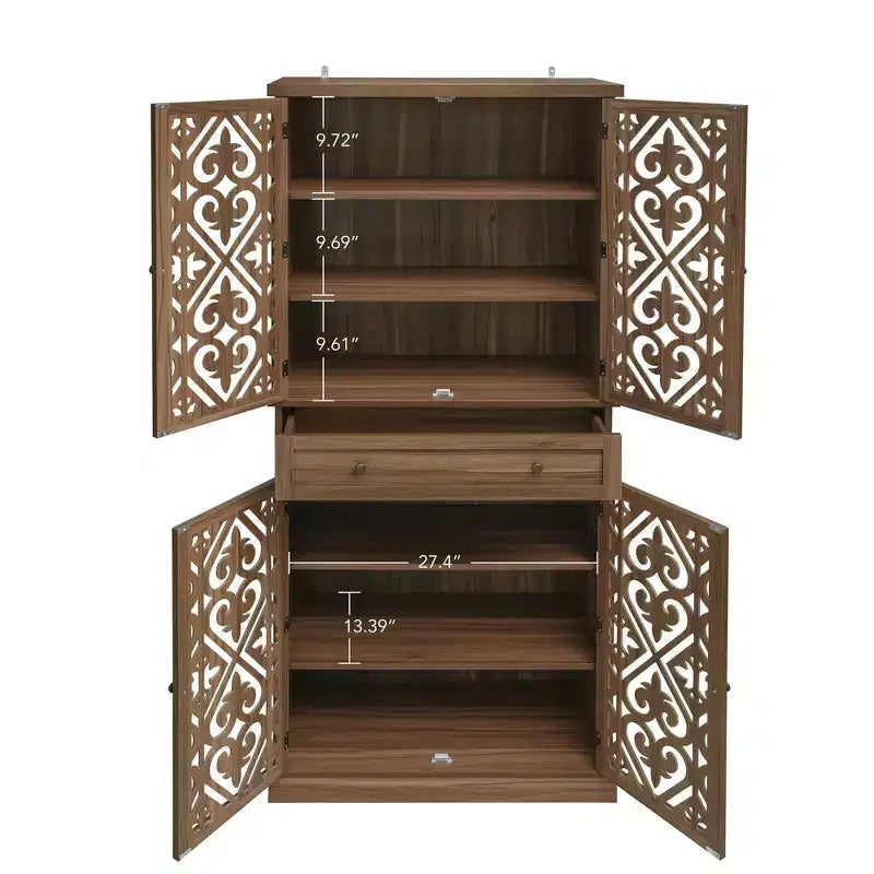 Tall Cabinet with 4 Rattan/Carved Doors, Storage Cabinet with 1 Drawer and 4 Adjustable Inner Shelves, Accent Cabinet for Living Room, Bedroom