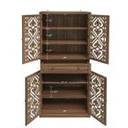Tall Cabinet with 4 Rattan/Carved Doors, Storage Cabinet with 1 Drawer and 4 Adjustable Inner Shelves, Accent Cabinet for Living Room, Bedroom