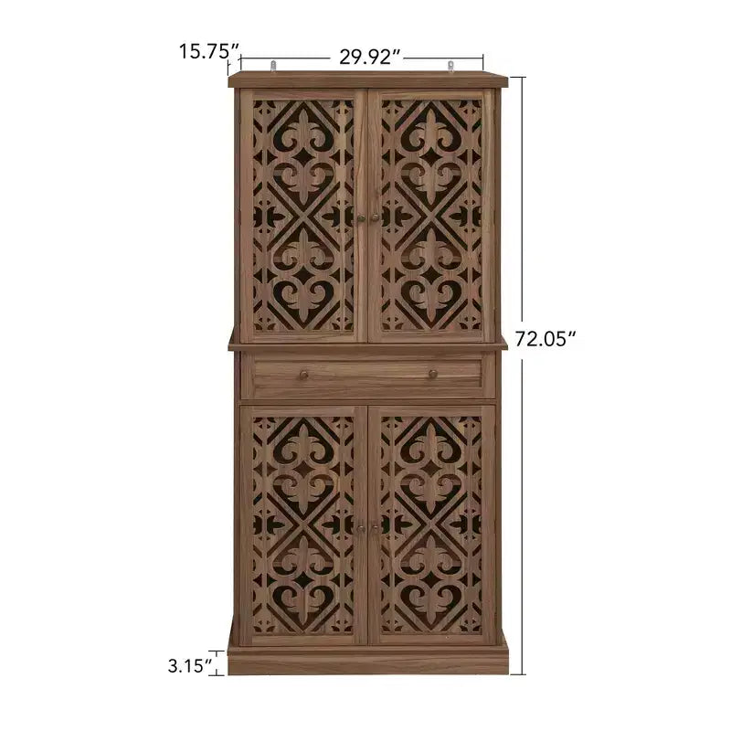 Tall Cabinet with 4 Rattan/Carved Doors, Storage Cabinet with 1 Drawer and 4 Adjustable Inner Shelves, Accent Cabinet for Living Room, Bedroom
