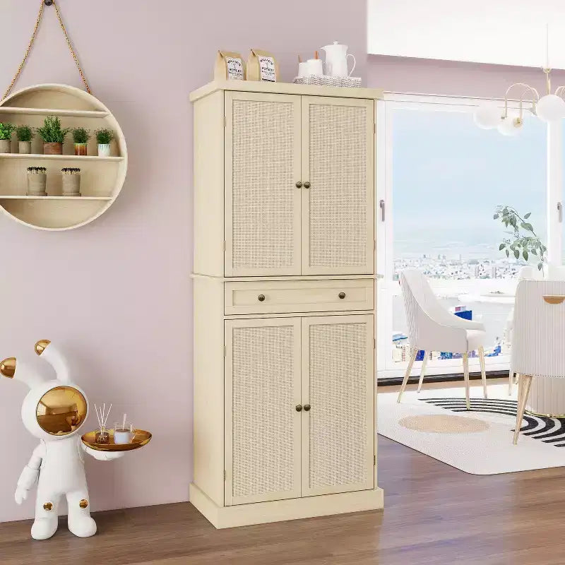 Tall Cabinet with 4 Rattan/Carved Doors, Storage Cabinet with 1 Drawer and 4 Adjustable Inner Shelves, Accent Cabinet for Living Room, Bedroom
