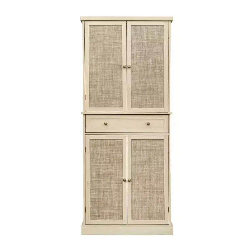 Tall Cabinet with 4 Rattan/Carved Doors, Storage Cabinet with 1 Drawer and 4 Adjustable Inner Shelves, Accent Cabinet for Living Room, Bedroom