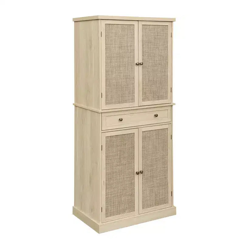 Tall Cabinet with 4 Rattan/Carved Doors, Storage Cabinet with 1 Drawer and 4 Adjustable Inner Shelves, Accent Cabinet for Living Room, Bedroom