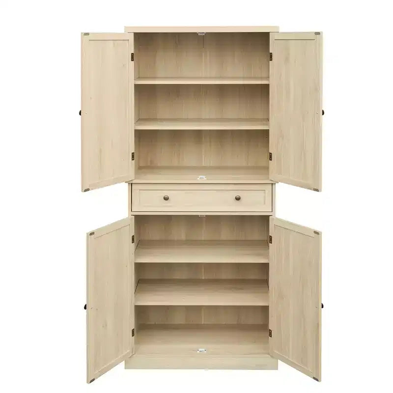 Tall Cabinet with 4 Rattan/Carved Doors, Storage Cabinet with 1 Drawer and 4 Adjustable Inner Shelves, Accent Cabinet for Living Room, Bedroom
