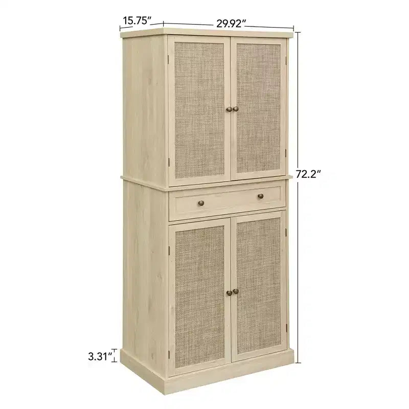 Tall Cabinet with 4 Rattan/Carved Doors, Storage Cabinet with 1 Drawer and 4 Adjustable Inner Shelves, Accent Cabinet for Living Room, Bedroom