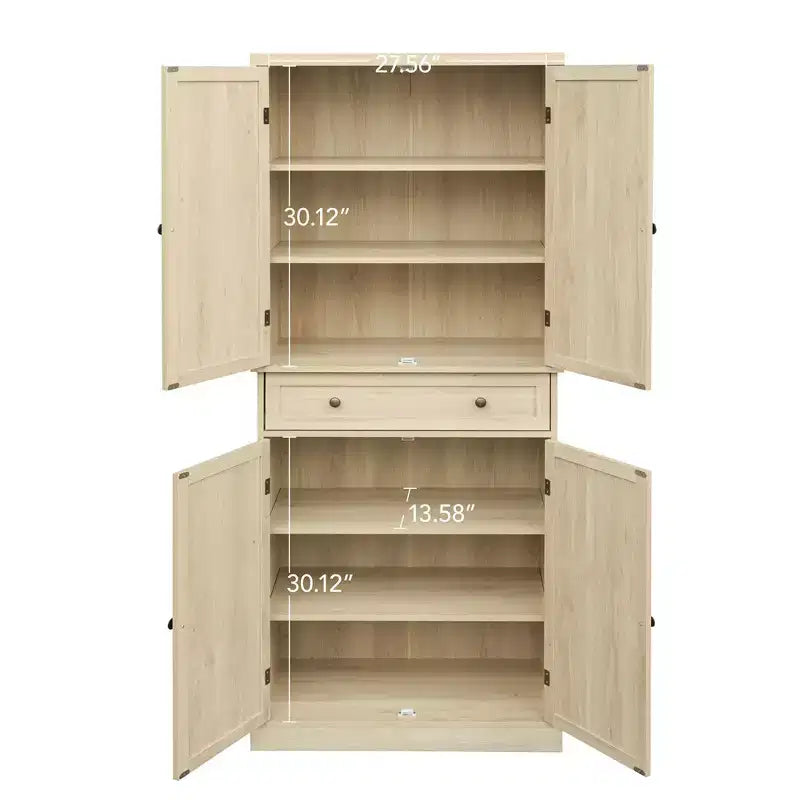 Tall Cabinet with 4 Rattan/Carved Doors, Storage Cabinet with 1 Drawer and 4 Adjustable Inner Shelves, Accent Cabinet for Living Room, Bedroom