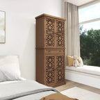 Tall Cabinet with 4 Rattan/Carved Doors, Storage Cabinet with 1 Drawer and 4 Adjustable Inner Shelves, Accent Cabinet for Living Room, Bedroom