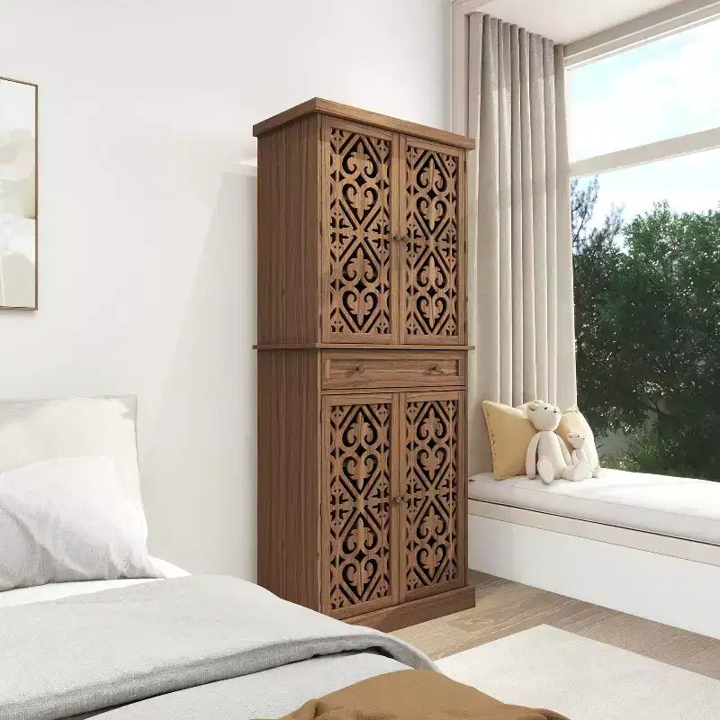 Tall Cabinet with 4 Rattan/Carved Doors, Storage Cabinet with 1 Drawer and 4 Adjustable Inner Shelves, Accent Cabinet for Living Room, Bedroom