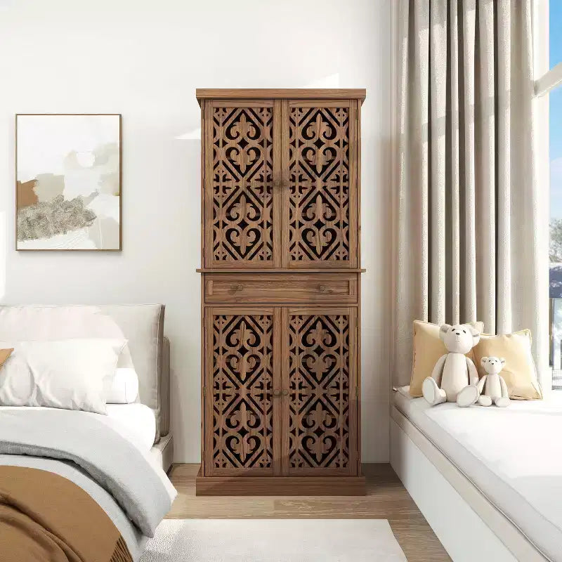 Tall Cabinet with 4 Rattan/Carved Doors, Storage Cabinet with 1 Drawer and 4 Adjustable Inner Shelves, Accent Cabinet for Living Room, Bedroom