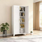 4-Door Storage Cabinet with Cane Panels and Adjustable Shelves for Living Room, Dining Room, or Entryway, Black and Natural