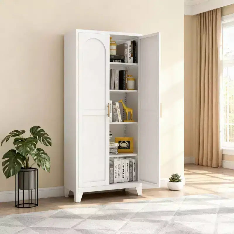 4-Door Storage Cabinet with Cane Panels and Adjustable Shelves for Living Room, Dining Room, or Entryway, Black and Natural