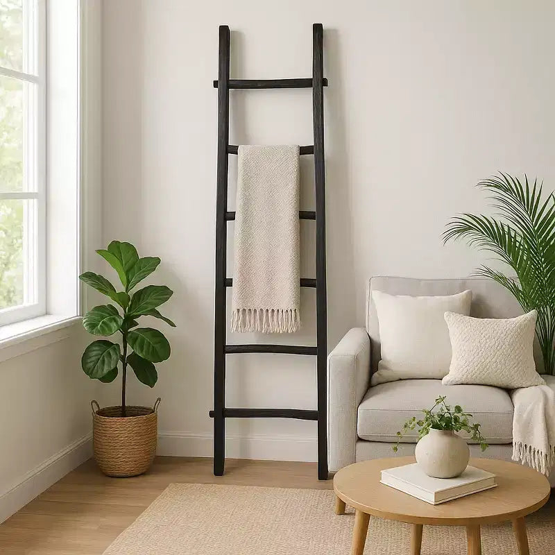 Decorative Vertical Ladder with Towel Rack Design for Blankets - Slim Storage Stand with Hooks for Bedroom or Living Room