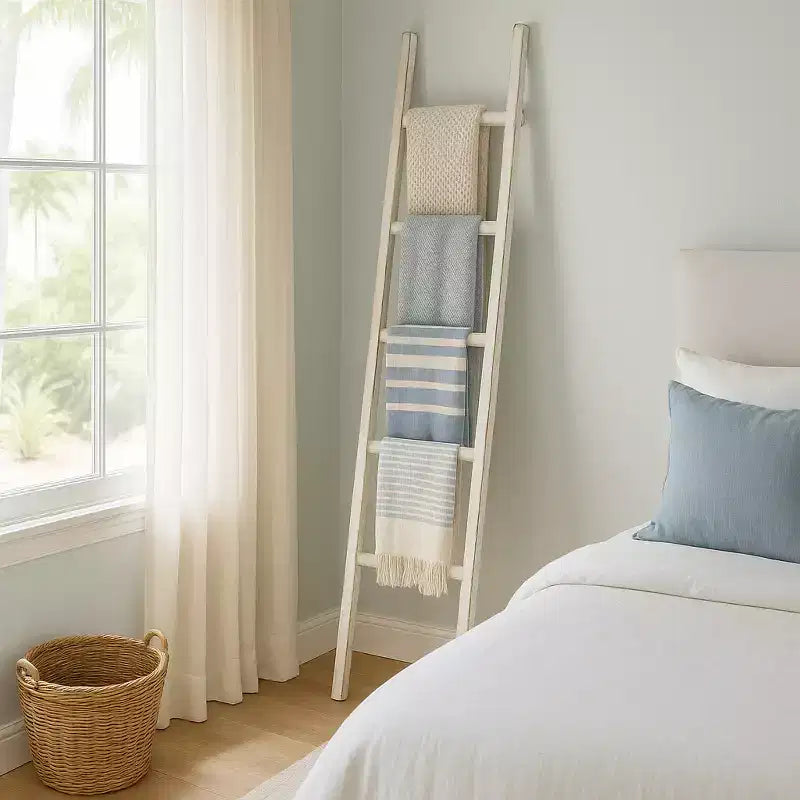 Decorative Vertical Ladder with Towel Rack Design for Blankets - Slim Storage Stand with Hooks for Bedroom or Living Room
