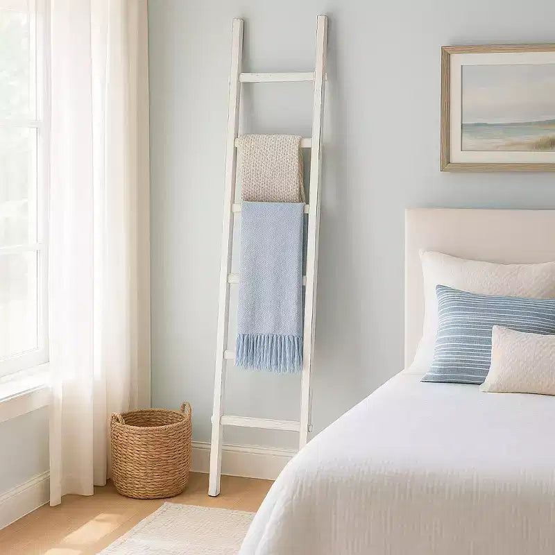 Decorative Vertical Ladder with Towel Rack Design for Blankets - Slim Storage Stand with Hooks for Bedroom or Living Room