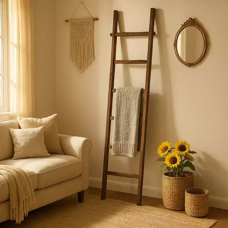Decorative Vertical Ladder with Towel Rack Design for Blankets - Slim Storage Stand with Hooks for Bedroom or Living Room