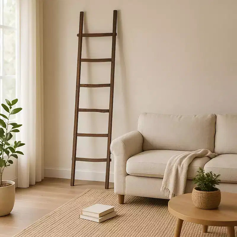 Decorative Vertical Ladder with Towel Rack Design for Blankets - Slim Storage Stand with Hooks for Bedroom or Living Room