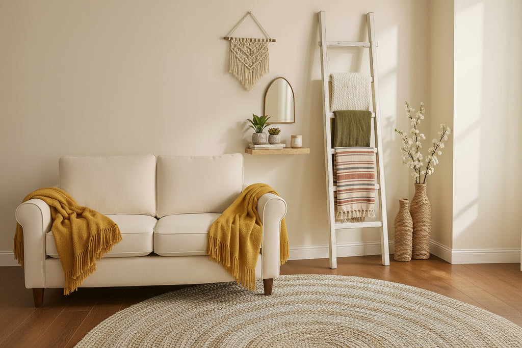 Decorative Vertical Ladder with Towel Rack Design for Blankets - Slim Storage Stand with Hooks for Bedroom or Living Room