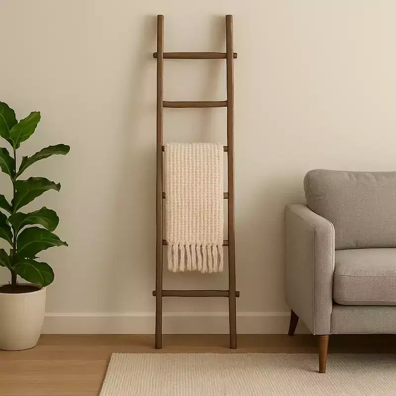 Decorative Vertical Ladder with Towel Rack Design for Blankets - Slim Storage Stand with Hooks for Bedroom or Living Room