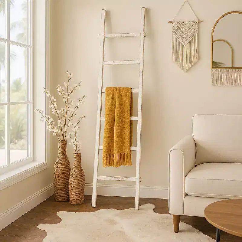 Decorative Vertical Ladder with Towel Rack Design for Blankets - Slim Storage Stand with Hooks for Bedroom or Living Room
