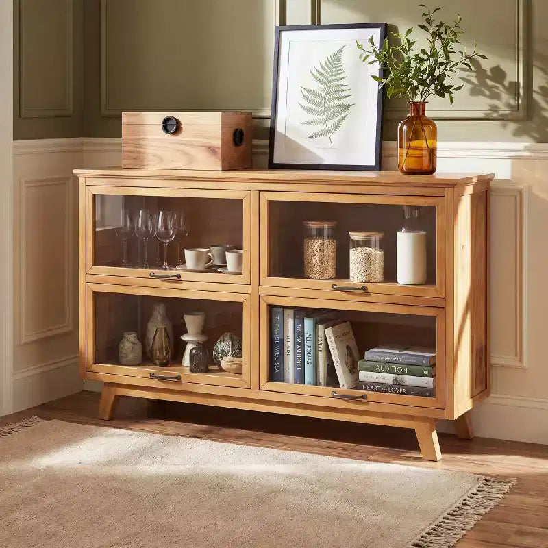 Emerson Mid-Century Modern Wood Storage Cabinet with 4 Glass Doors