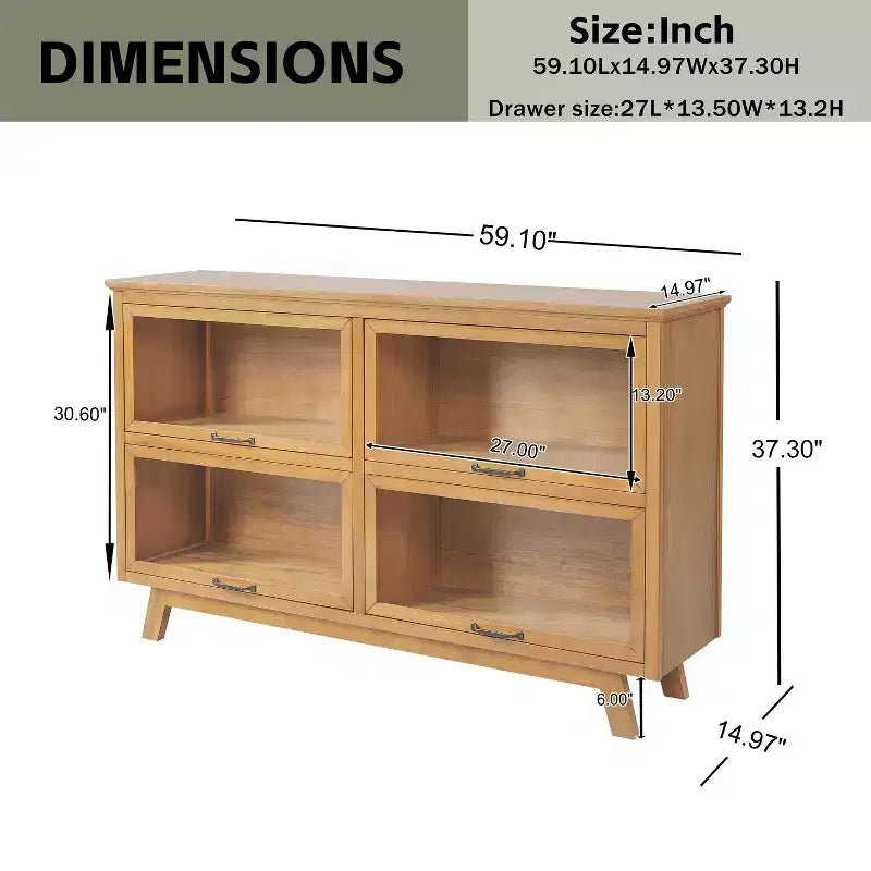 Emerson Mid-Century Modern Wood Storage Cabinet with 4 Glass Doors