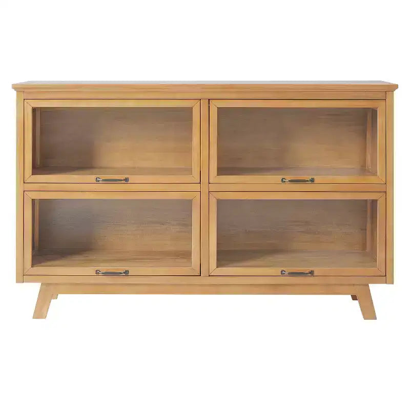 Emerson Mid-Century Modern Wood Storage Cabinet with 4 Glass Doors