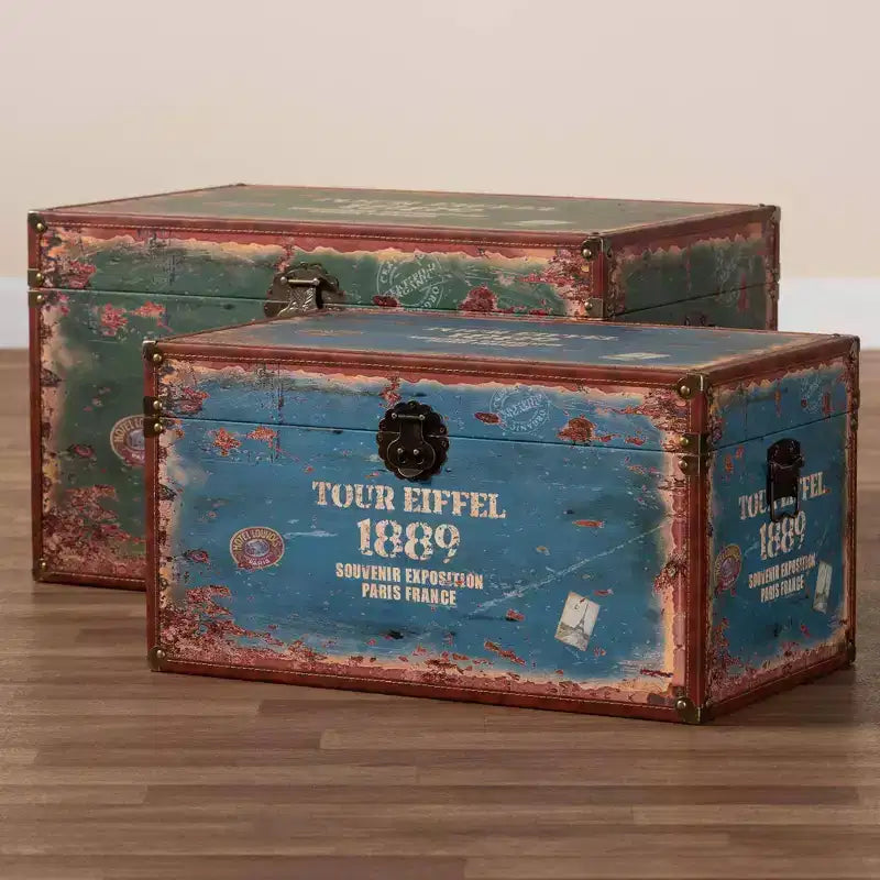 2pc Sabeen Faux Leather and Wood Storage Trunk Set Green/Blue