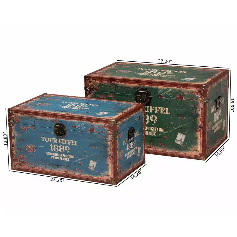 2pc Sabeen Faux Leather and Wood Storage Trunk Set Green/Blue