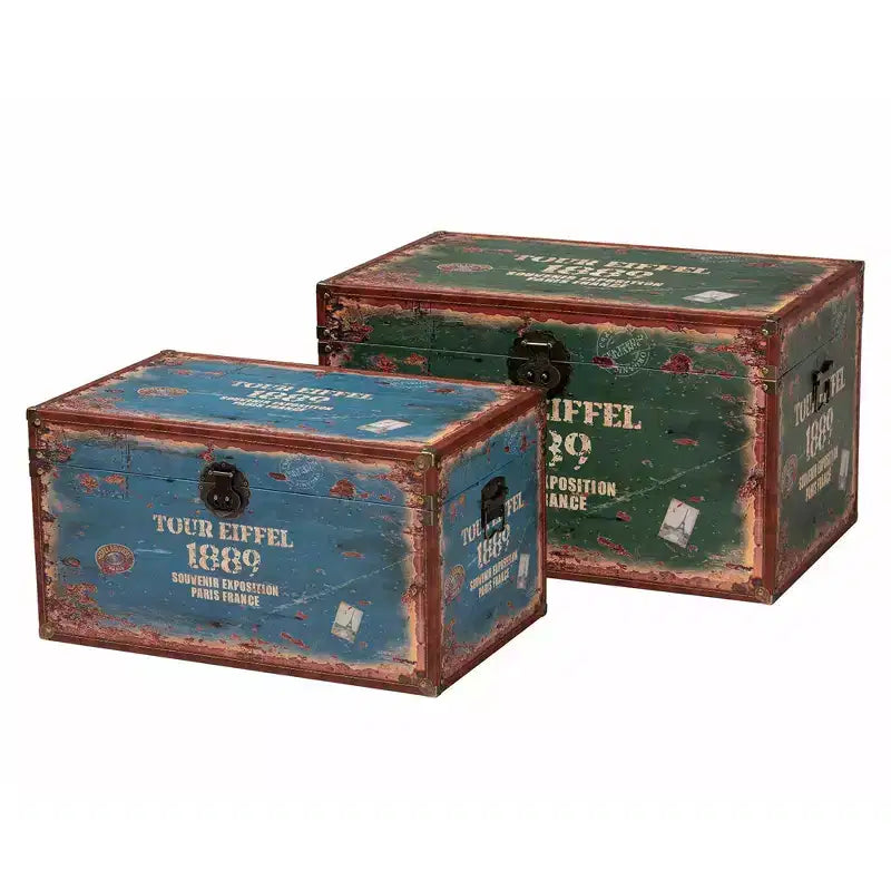 2pc Sabeen Faux Leather and Wood Storage Trunk Set Green/Blue