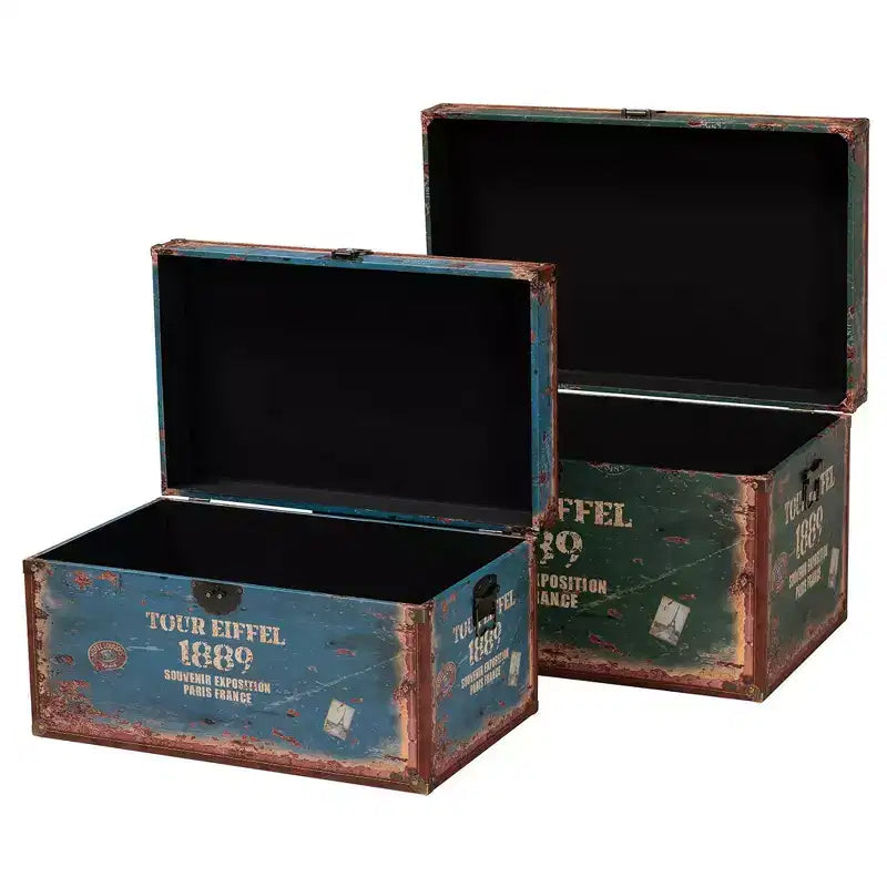 2pc Sabeen Faux Leather and Wood Storage Trunk Set Green/Blue