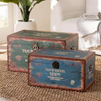 2pc Sabeen Faux Leather and Wood Storage Trunk Set Green/Blue
