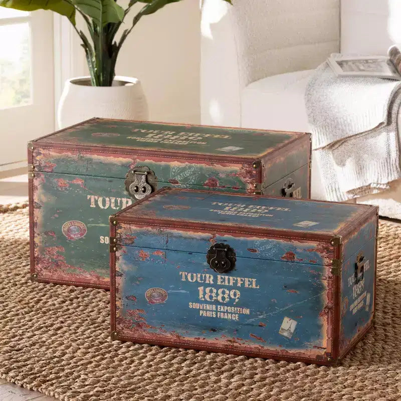 2pc Sabeen Faux Leather and Wood Storage Trunk Set Green/Blue