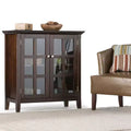 35" Normandy Low Storage Cabinet Brunette Brown: Transitional Style, Glass Doors, Adjustable Shelves