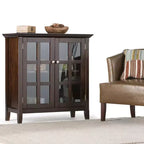 35" Normandy Low Storage Cabinet Brunette Brown: Transitional Style, Glass Doors, Adjustable Shelves