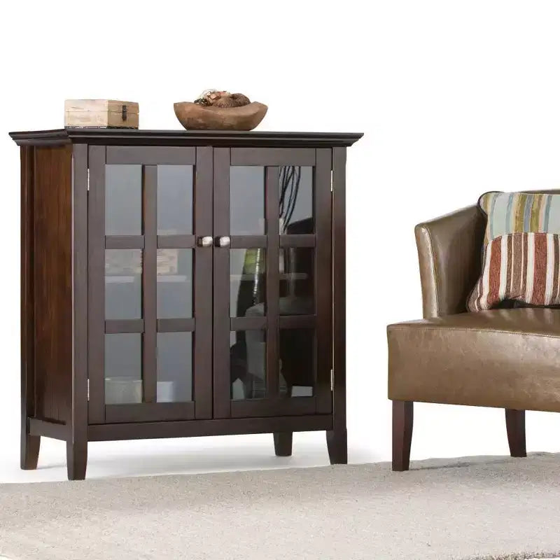 35" Normandy Low Storage Cabinet Brunette Brown: Transitional Style, Glass Doors, Adjustable Shelves