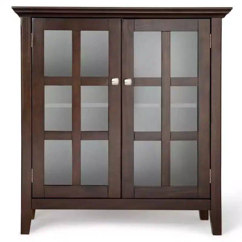 35" Normandy Low Storage Cabinet Brunette Brown: Transitional Style, Glass Doors, Adjustable Shelves