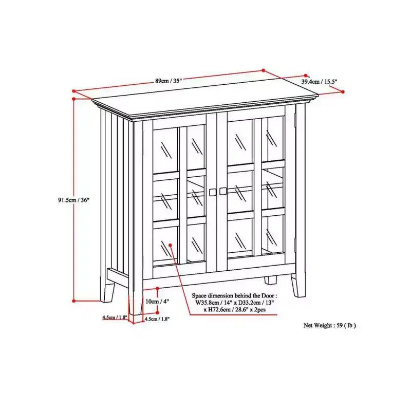 35" Normandy Low Storage Cabinet Brunette Brown: Transitional Style, Glass Doors, Adjustable Shelves